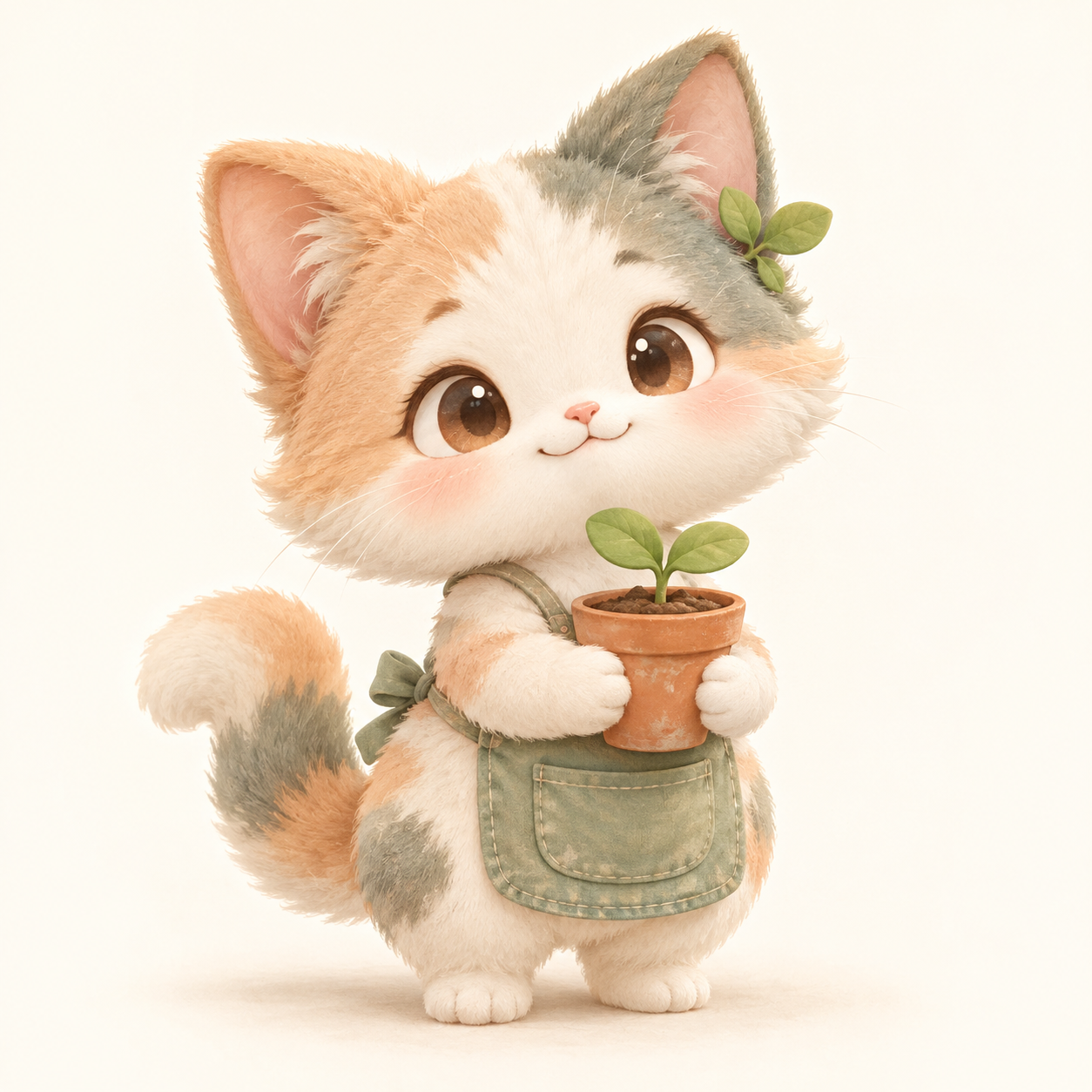 若葉の髪飾りと緑のエプロンをつけ、植木鉢を持つ三毛猫・みけ